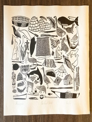 The Inuit World: An Annotated Block Print Illustrating Wildlife, Weapons, Tools, and Objects of Everyday Life, with Names in English and Inuktitut Languages - WITH Original Print SIGNED by Kanangina and TLS
