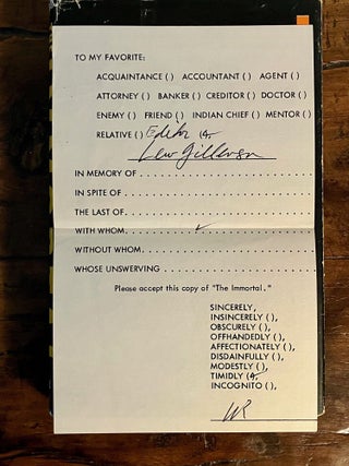 Item #13077 The Immortal - Inscribed Copy with Amusing Note. Andy Warhol, Walter ROSS
