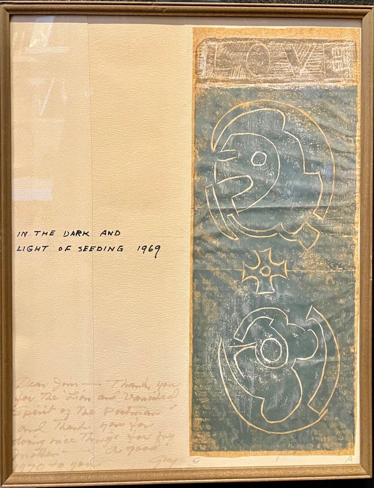 Item #13129 Guy Anderson Print: In the Dark and Light of Seeding - 1969 block print INSCRIBED to James Martin. Guy ANDERSON.