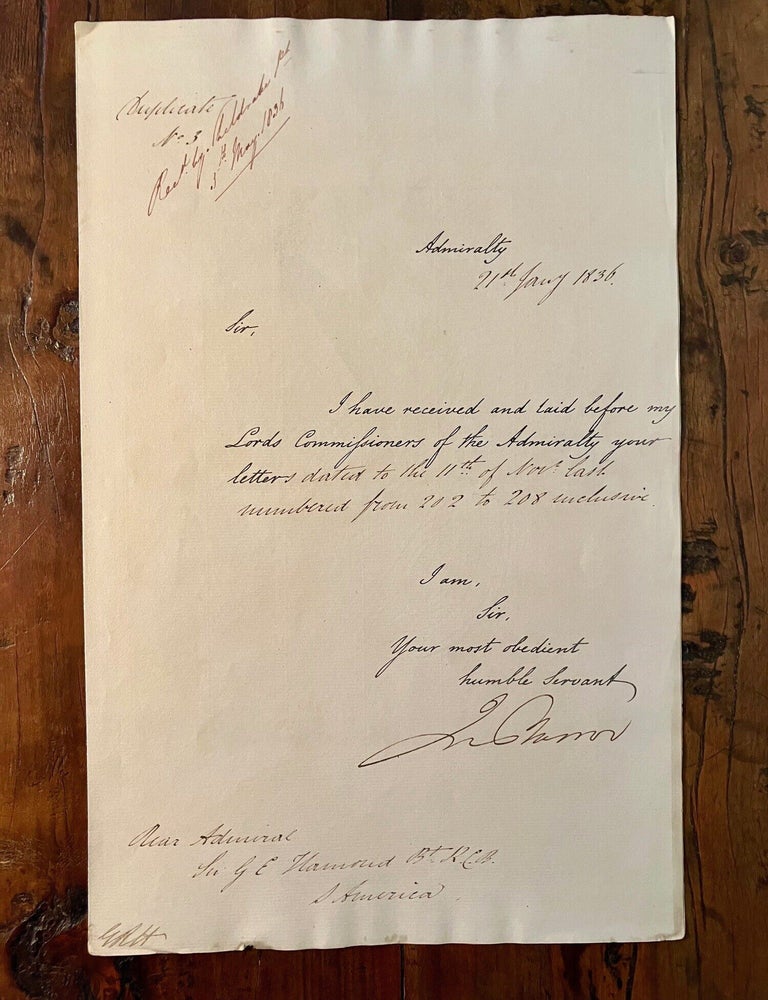 Item #13328 Autograph Letter Signed by John Barrow, English Statesman and Promoter of Arctic Exploration, 1836. ARCTIC EXPLORATION, John Barrow.