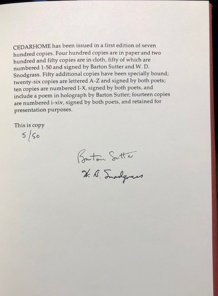 Item #2114 Cedarhome Poems by Barton Sutter -- SIGNED by Sutter and Snodgrass. Barton SUTTER.