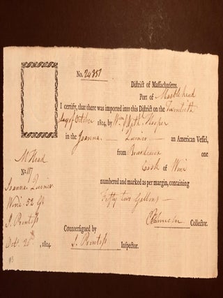 Item #4777 Early American Wine Importation Certificate Signed by Benjamin Lincoln, Continental...