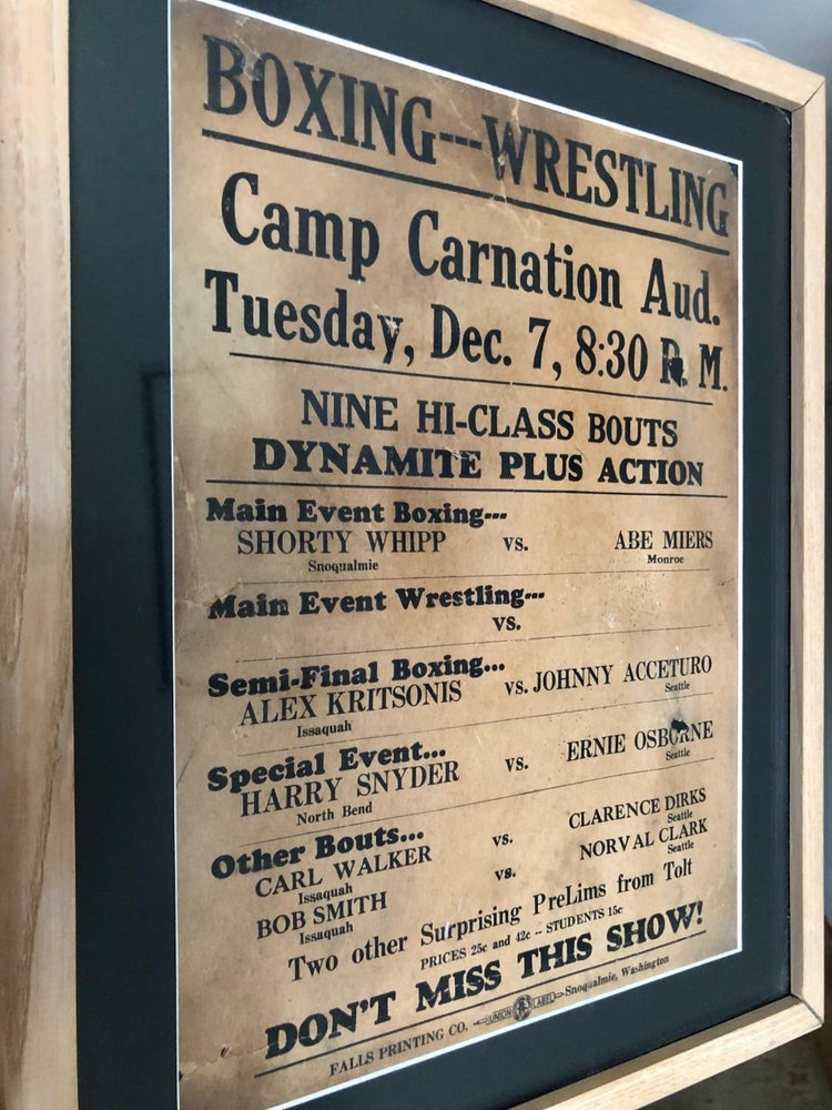 Item #5334 [Pacific Northwest Boxing Poster:] Boxing - Wrestling Camp Carnation Auditorium Nine Hi-Class Bouts Main Event Shorty Whipp (Snoqualmie) vs. Abe Miers (Monroe). Sports, Recreation - Boxing.
