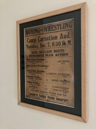 [Pacific Northwest Boxing Poster:] Boxing - Wrestling Camp Carnation Auditorium Nine Hi-Class Bouts Main Event Shorty Whipp (Snoqualmie) vs. Abe Miers (Monroe)