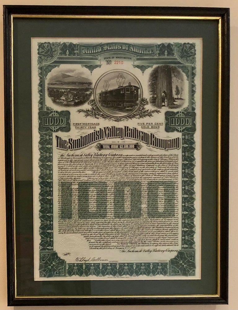 Item #5357 Snohomish Valley Railway Bond Certificate, 1905, Matted and Framed Under Glass. Pacific Northwest - Transportation.