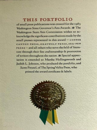 Portfolio of Three Small Press Publications that Won the 1983 Washington State Governor's Art Award for Small Presses: ASHES (Philip Levine/Graywolf Press), REQUIEM (Sam Hamill/Copper Canyon Press) PURELY VISIBLE (Beth Bentley/Sea Pen Press & Paper Mill)