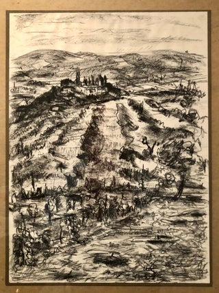 Item #5497 Original Charcoal on Paper: Hill Town, Field and Vineyard, Framed. Windsor UTLEY