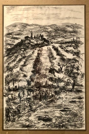 Item #5497 Original Charcoal on Paper: Hill Town, Field and Vineyard, Framed. Windsor UTLEY