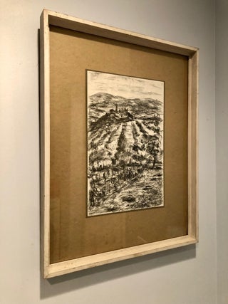 Original Charcoal on Paper: Hill Town, Field and Vineyard, Framed