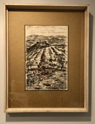 Original Charcoal on Paper: Hill Town, Field and Vineyard, Framed