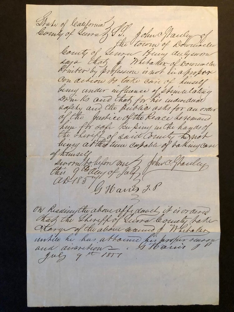 Item #5974 Manuscript Arrest Warrant in Sierra County, 1857. CALIFORNIA - Vice.