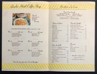 Menu for the Lawler Hotel Coffee Shop with Elmer Jacobs Illustration
