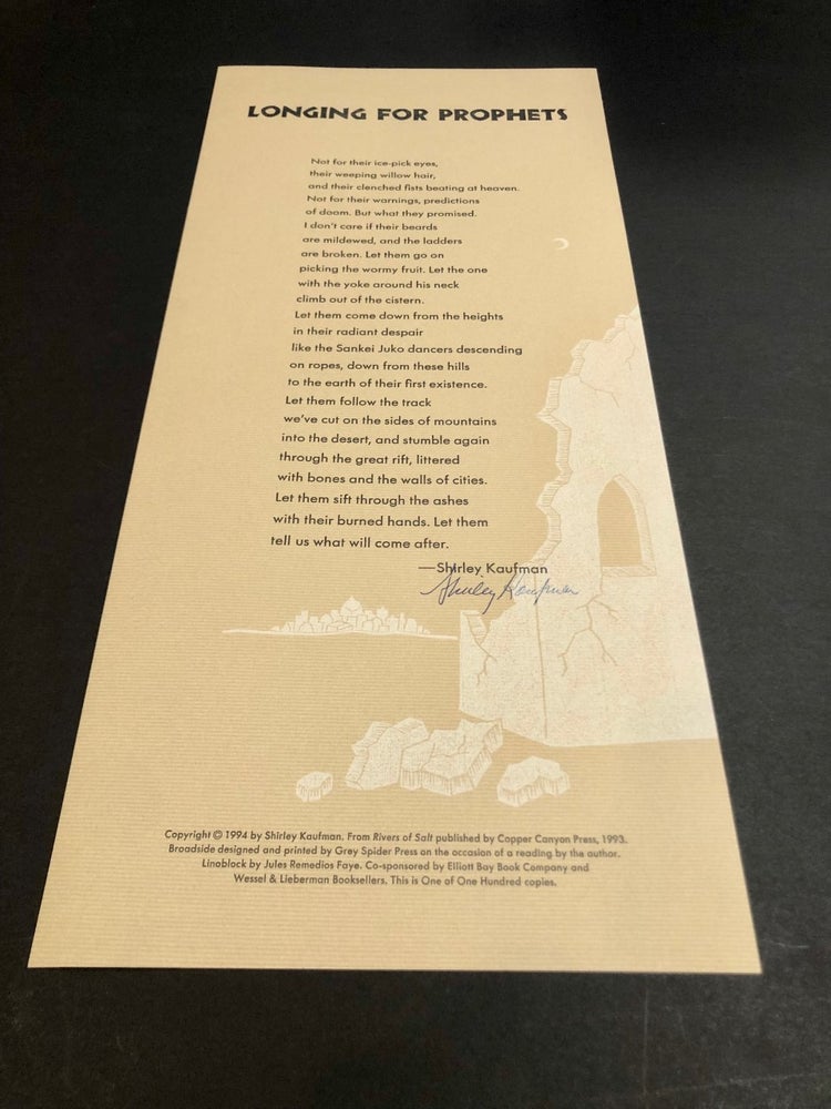 Item #6487 Longing for Prophets [Signed Poetry Broadside]. Shirley KAUFMAN.