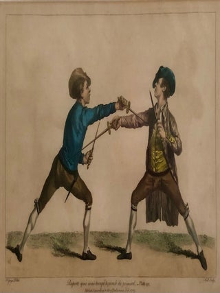 Item #6769 Four Hand-Colored Fencing Prints from "L'Ecole des Armes" (1763) Handsomely Framed....