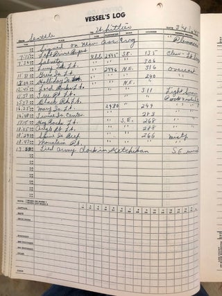 Manuscript Ship Log: Merchant Vessel in the Aleutian Islands During WWII [along with] Prince Rupert Sub-Port of Embarkation Souvenir Booklet and Typed Copy Signed US Navy Orders from the U.S.S. Teal [Lot of Three Items]
