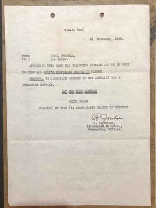 Manuscript Ship Log: Merchant Vessel in the Aleutian Islands During WWII [along with] Prince Rupert Sub-Port of Embarkation Souvenir Booklet and Typed Copy Signed US Navy Orders from the U.S.S. Teal [Lot of Three Items]