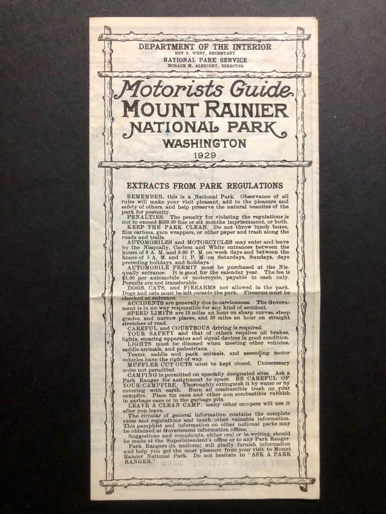 Item #6878 Motorists Guide Mount Rainier National Park Washington 1929. Tourist Guides - National Parks.