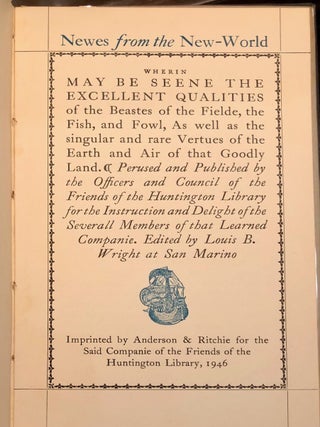 Item #7307 Newes from the New-World - Richard Beale Davis's Copy. Louis B. WRIGHT