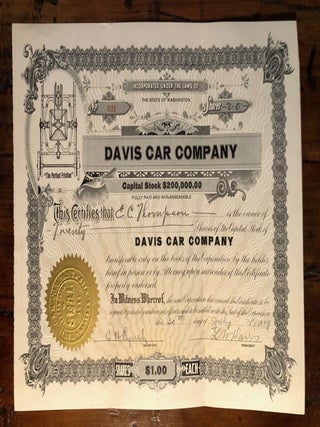 Item #9493 Stock Certificate for Twenty Shares in Davis Car Company with Letter and Receipt....